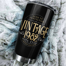 Load image into Gallery viewer, Kozmoz Inspire Vintage Aged to Perfection 1982 Nutrition Facts Tumbler of The Forties - 40th Birthday Tumbler, Happy 40 Birthday Party, Turning 40 Birthday, 40th Bday For Her &amp; Him Tumbler - Milestone Birthday Gift