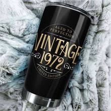Load image into Gallery viewer, Kozmoz Inspire Vintage Aged to Perfection 1972 Nutrition Facts Tumbler of the Fifties - 50th Birthday Tumbler - Happy 50 Birthday Party, Turning 50 Birthday, Fifty Birthday Tumbler